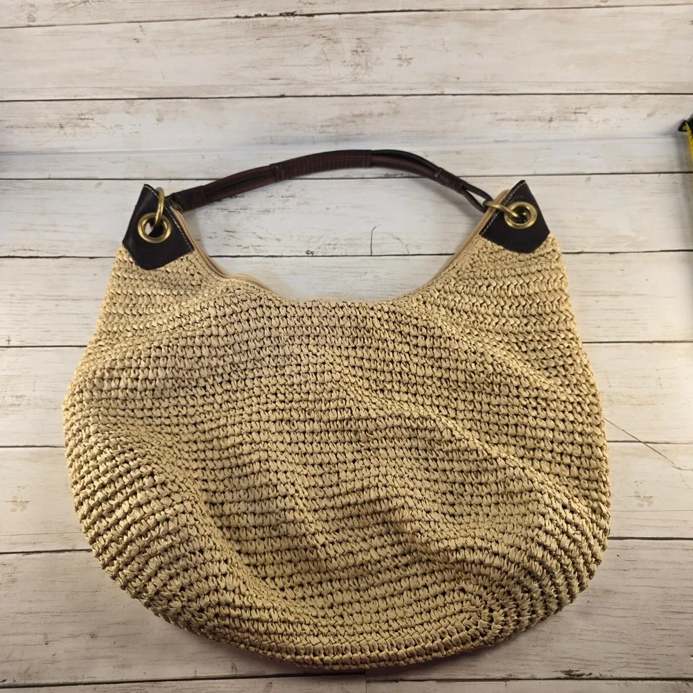 Lauren Ralph Lauren Woven Straw Hobo Bag Beige Brown Leather Trim RL Charm Large